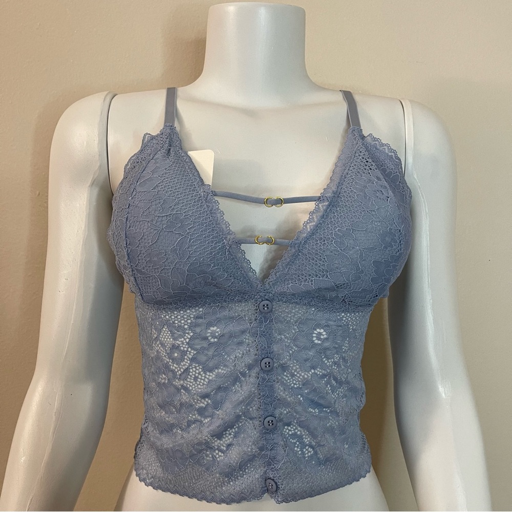 Dusty blue front straps button details removable pads long line lace bralette
